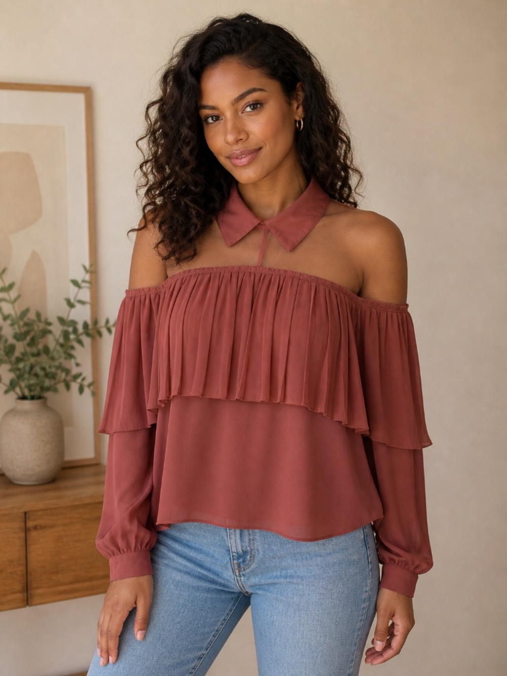 Size L Romeo and Juliet mesh, Chiffon  Summer cold Shoulder party sexy Top